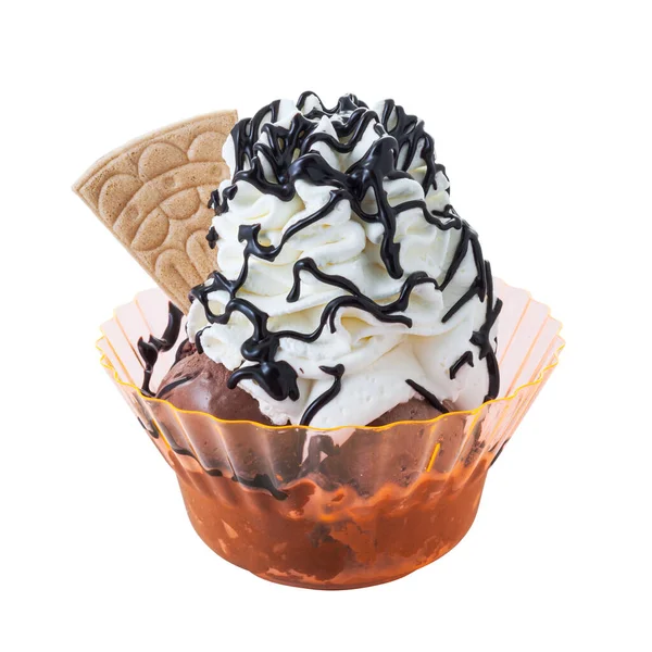 Delicious Chocolate Ice Cream Sundae Wafer Whipped Cream Plastic Cup — Stock Photo, Image