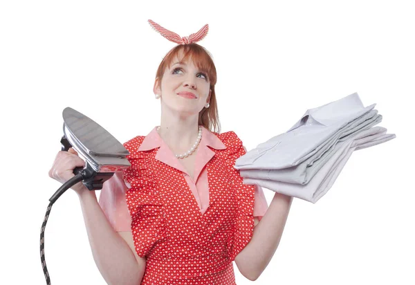 Vintage Style Efficient Housewife Holding Iron Pile Clean Ironed Shirts — Stock Photo, Image