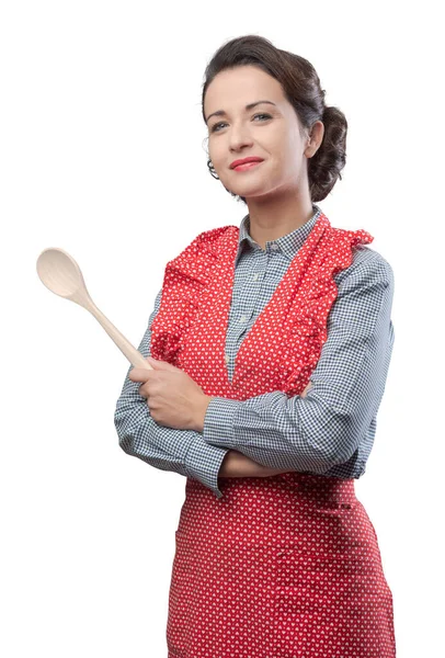 Attractive Old Timey Housewife Apron Holding Wooden Spoon — Stock Photo, Image