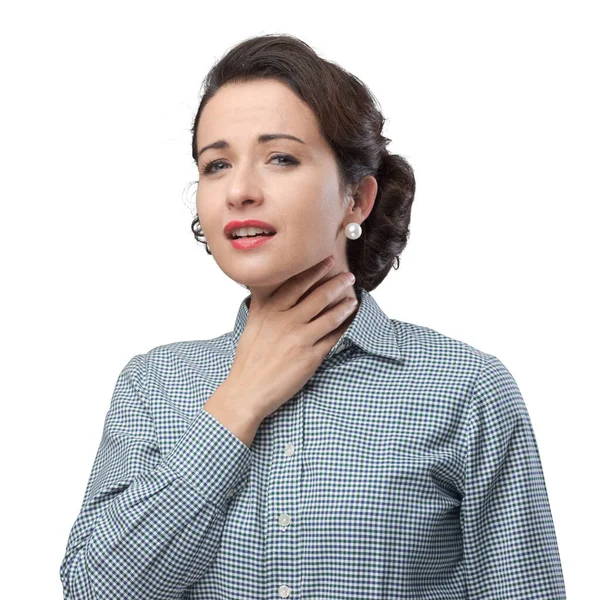 喉の痛みが首に触れるヴィンテージ女性 — ストック写真
