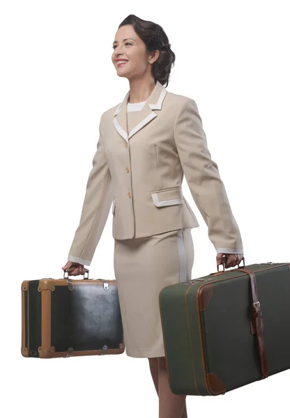 Smiling Vintage Woman Holding Suitcases Ready Leave Vacations — Stock Photo, Image