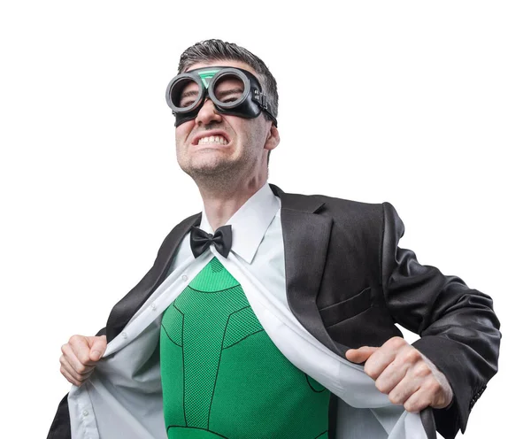 Elegante Super Herói Tirando Camisa Jaqueta Mostrando Traje Verde Por — Fotografia de Stock