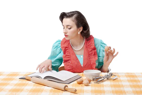 Beautiful Vintage Style Housewife Preparing Dessert Home She Checking Recipe — Stock Photo, Image