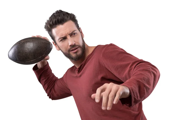 Young Attractive Football Player Playing Ball Gray Background — Stock Photo, Image