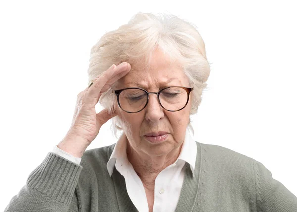 Anciana Tiene Dolor Cabeza Fuerte Toca Frente Siente Enferma — Foto de Stock