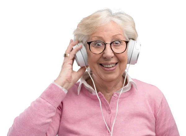Happy Senior Woman Wearing Headphones Listening Some Good Music She — Stock Photo, Image