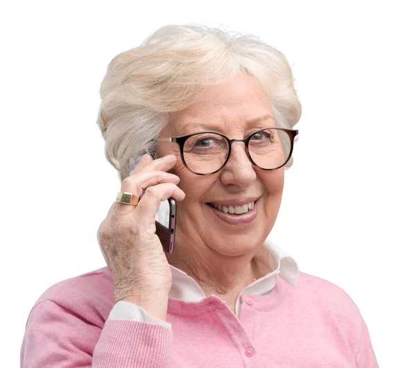 Сучасна Щаслива Старша Леді Має Телефонний Дзвінок Свій Смартфон Посміхається — стокове фото