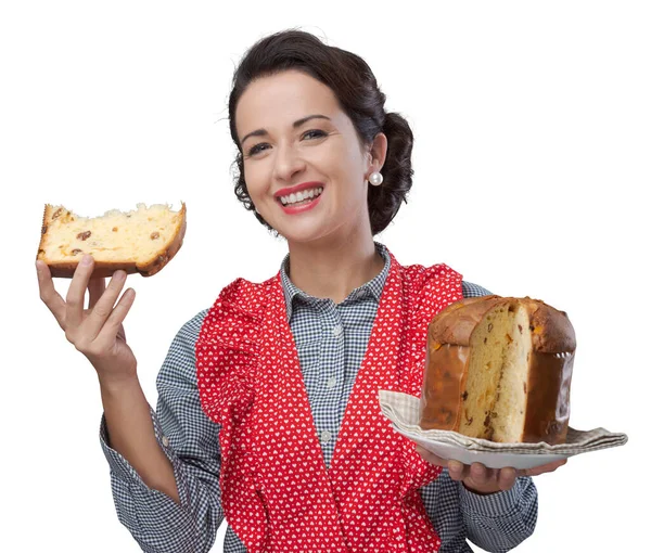 Rocznika Kobieta Fartuch Jedzenia Kawałek Panettone Tradycyjne Włoskie Domowe Ciasto — Zdjęcie stockowe