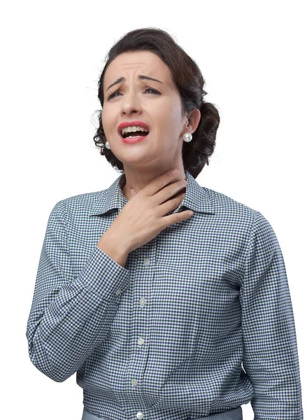 Wanita Antik Dengan Sakit Tenggorokan Menyentuh Lehernya — Stok Foto
