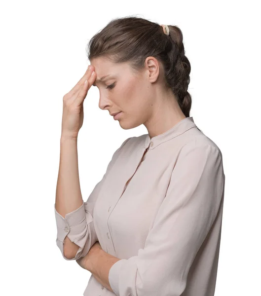 Ung Eftertänksam Kvinna Känner Sig Deprimerad Och Har Svår Huvudvärk — Stockfoto