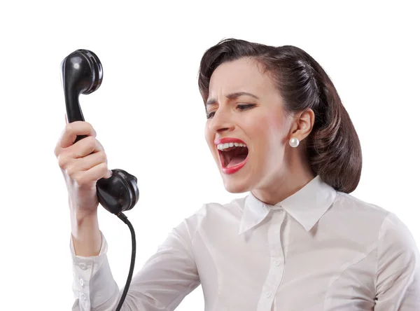 Boos Agressieve Secretaresse Schreeuwen Aan Telefoon Vintage Stijl — Stockfoto
