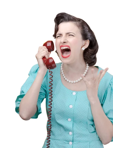 Злая Нервная Женщина Телефонным Звонком Кричит Приемник — стоковое фото