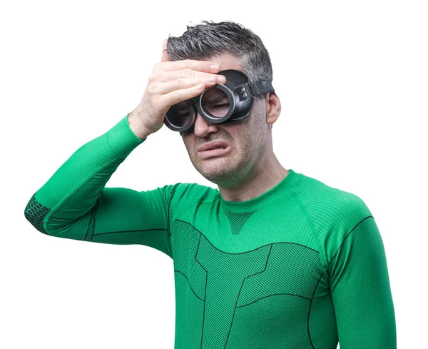 Sad Suffering Superhero Strong Headache Touching His Head — Stock Photo, Image