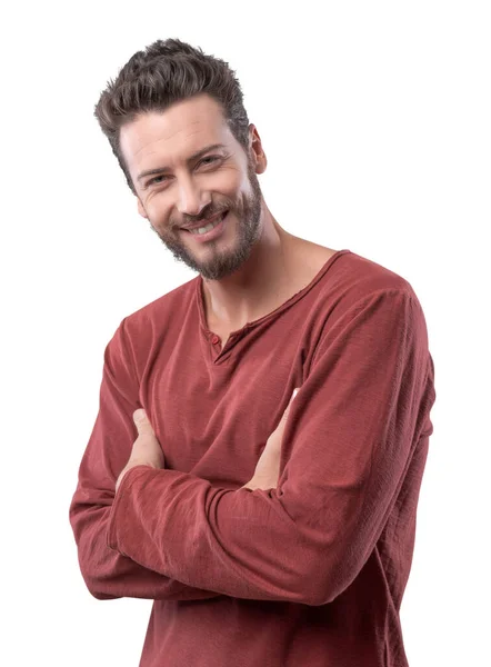 Selbstbewusster Attraktiver Mann Lächelt Und Posiert Auf Grauem Hintergrund — Stockfoto