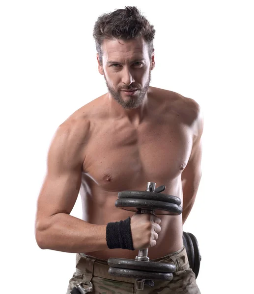 Confident Attractive Young Man Working Out Weightlifting Dumbbells — Stock Photo, Image