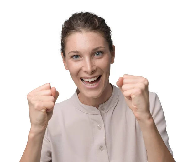 Cheerful Excited Winner Woman Raised Fists She Smiling Camera — Stock Photo, Image