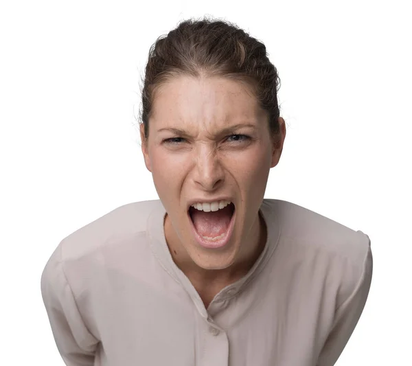 Agresivní Naštvaná Žena Křičí Fotoaparát Stres Negativní Pocity Koncept — Stock fotografie