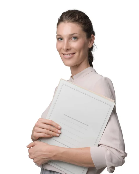 Professionele Vrouwelijke Secretaris Houden Papierwerk Lachend Camera — Stockfoto