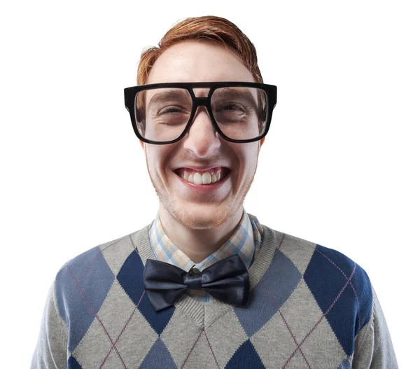 Retrato Nerd Engraçado Com Óculos Grandes Ele Está Sorrindo Rindo — Fotografia de Stock