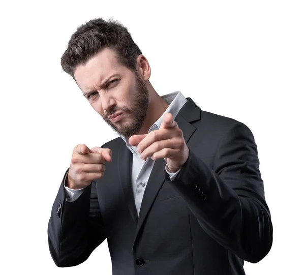 Stylish Cool Man Frowning Pointing Fingers Confident Attitude — Stock Photo, Image