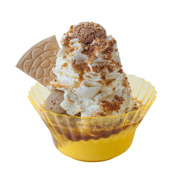 Lahodný Amaretto Zmrzlinový Pohár Oplatkami Polevou Plastovém Kelímku — Stock fotografie