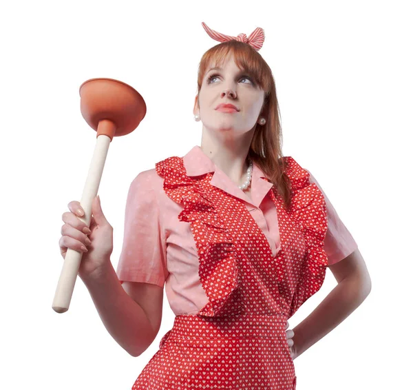 Funny Retro Housewife Holding Plunger Smiling — Stock Photo, Image