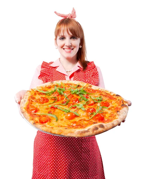 Happy Old Style Housewife Holding Delicious Homemade Pizza — Stock Photo, Image