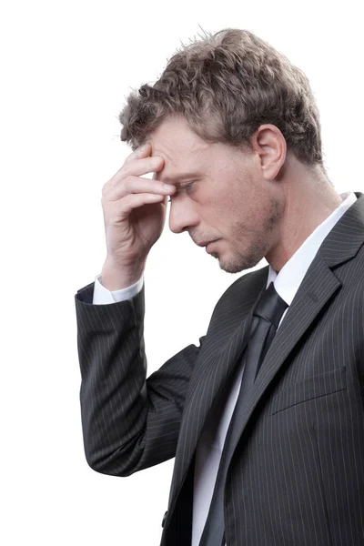 Gestresster Überlasteter Geschäftsmann Mit Starken Kopfschmerzen Berührt Seine Stirn — Stockfoto