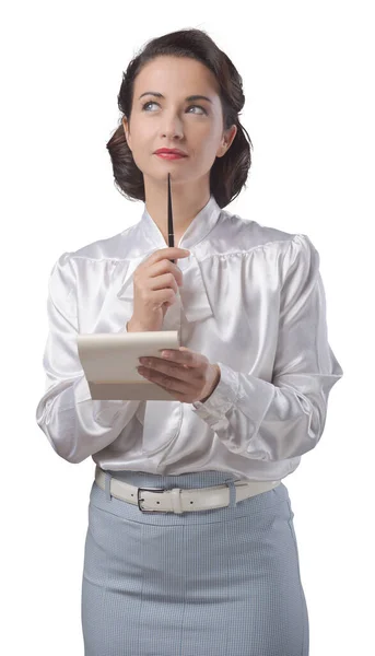 Attractive Vintage Secretary Taking Notes Notepad Pen — Stock Photo, Image