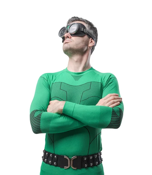 Cool Confident Superhero Looking Away Green Costume — Stock Photo, Image