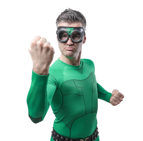 Funny Aggressive Green Superhero Fist Raised Ready Punch — Stock Photo, Image
