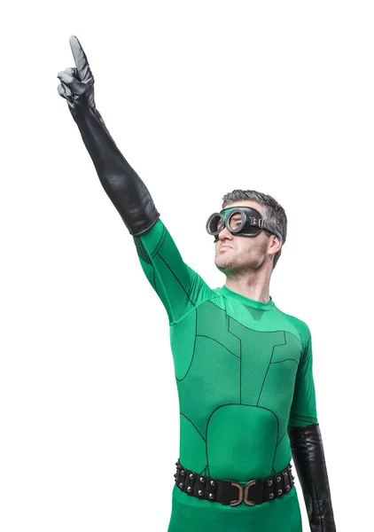Valiente Superhéroe Verde Apuntando Hacia Arriba Sonriendo Con Confianza — Foto de Stock