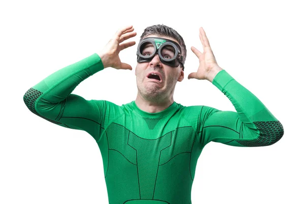 Terrified Funny Superhero Green Costume Raised Hands — Stock Photo, Image