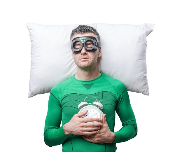 Superhero Sleeping Pillow Floating Air Holding Alarm Clock — Stock Photo, Image