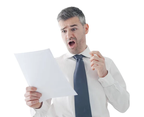 Businessman Office Receiving Shocking Bills Tax Documents Gasping Screaming — Stock Photo, Image