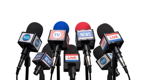 Sada Mikrofonů Připravena Pro Tiskovou Konferenci Komunikaci Mediální Koncept — Stock fotografie