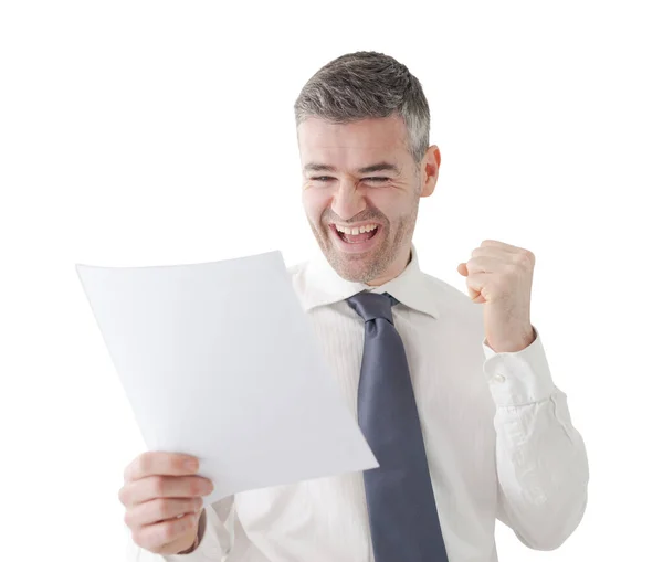 Cheerful Businessman Office Receiving Good News Holding Contract Document Raising — Stock Photo, Image