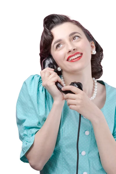Mulher Estilo Vintage Segurando Receptor Ter Telefonema Ela Está Tendo — Fotografia de Stock