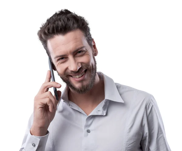 Uśmiechający Się Młody Biznesmen Telefon Jego Telefon Komórkowy — Zdjęcie stockowe