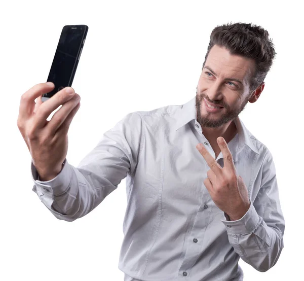 Cool Stilig Man Tar Självporträtt Med Sin Smartphone — Stockfoto