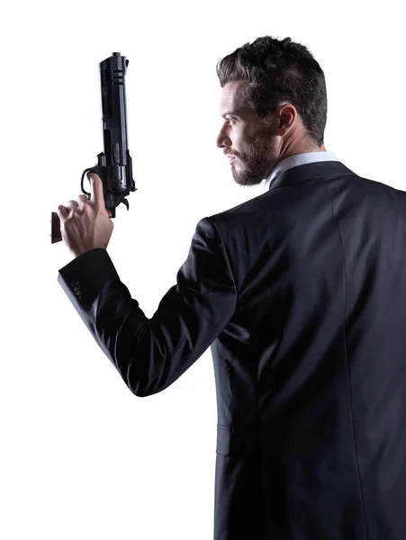 Bravo Homem Legal Segurando Uma Arma Perigosa Fundo Escuro — Fotografia de Stock