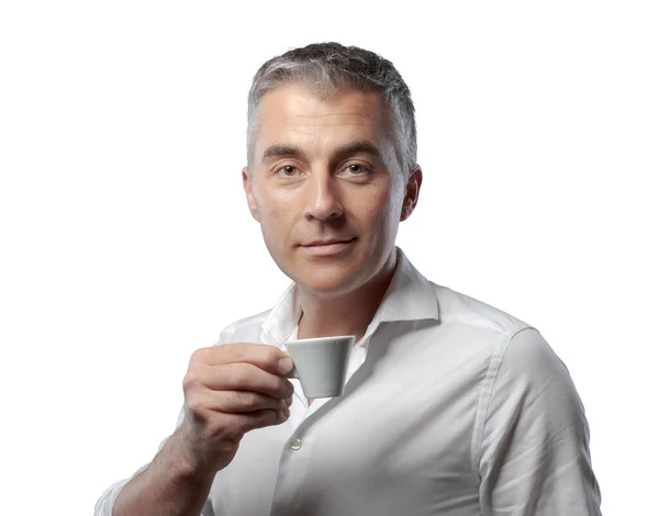 Handsome Confident Man Having Coffee Break Drinking Espresso — Stock Photo, Image
