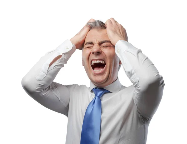 Homem Negócios Irritado Gritando Com Cabeça Nas Mãos Crise Negócios — Fotografia de Stock