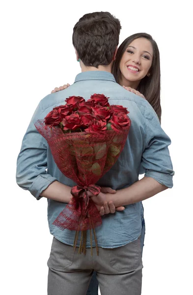Smiling Young Woman Receiving Red Roses Love Gift Her Boyfriend — Stock Photo, Image