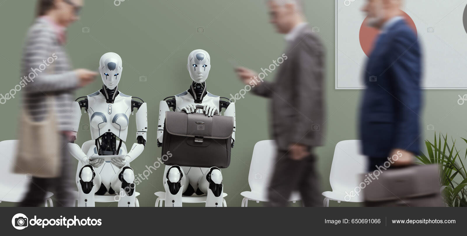 Business People Humanoid Robot Sitting Waiting Job Interview Human