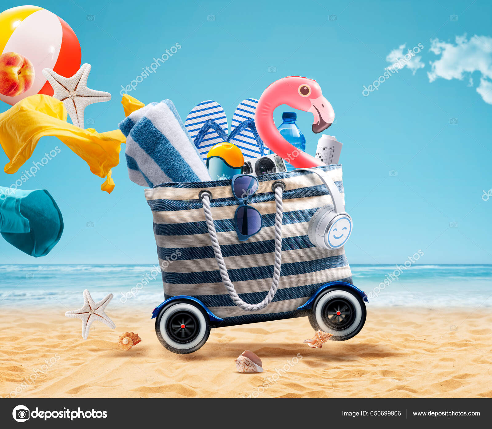 Funny Flamingo Inflable Accesorios Playa Una Bolsa Con Ruedas Que:  fotografía de stock © stokkete #650699906 | Depositphotos