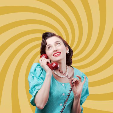 Vintage style woman holding the receiver and having a phone call, she is having a romantic call clipart