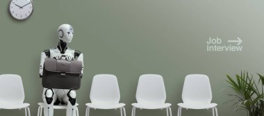 Bir sandalyede oturan ve iş görüşmesi, yapay zeka ve yenilik konseptini bekleyen gelecekçi android robot.