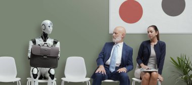 Disappointed job applicants sitting in the waiting room and staring at the AI robot candidate, they are waiting for the job interview
