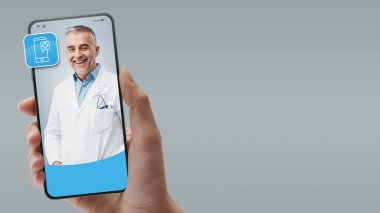 Online medical service and telemedicine: doctor giving advice on smartphone screen clipart
